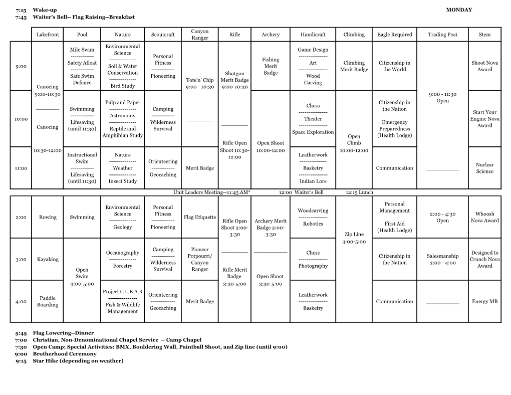 Merit Badge Schedule for Camp Stockton