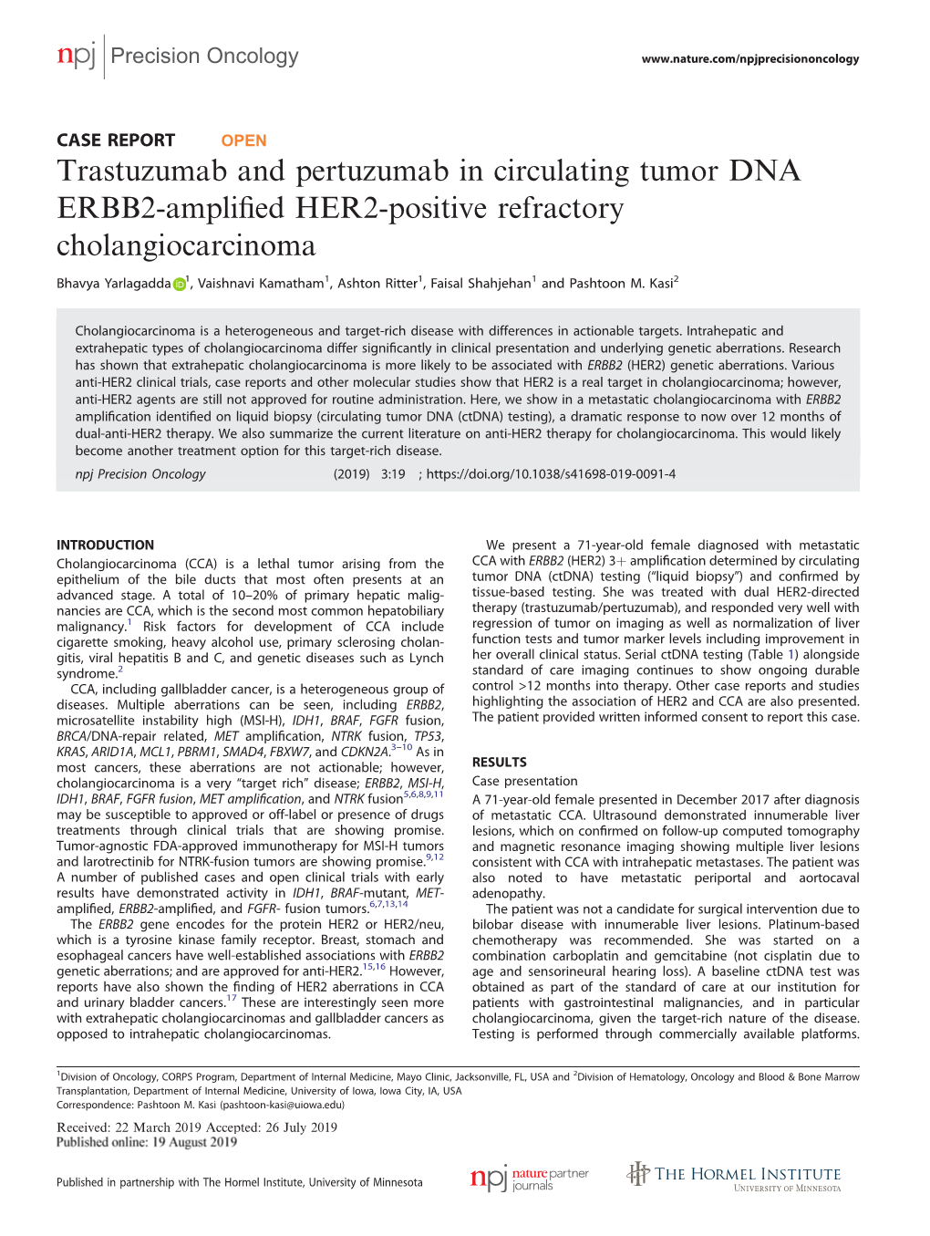 Trastuzumab and Pertuzumab in Circulating Tumor DNA ERBB2-Ampliﬁed HER2-Positive Refractory Cholangiocarcinoma