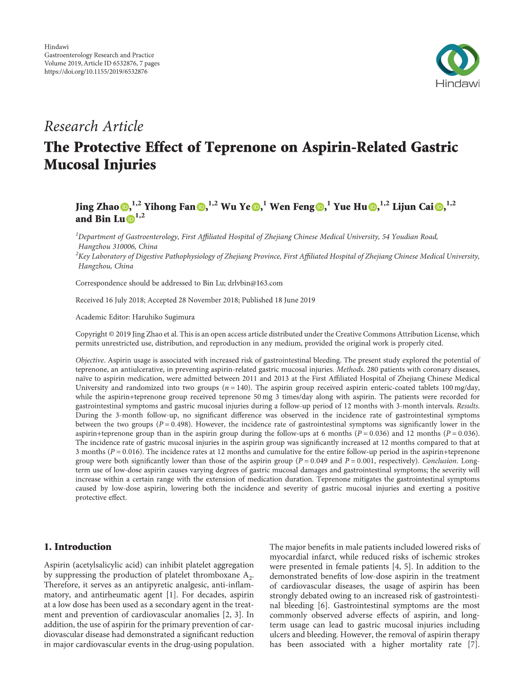 Research Article the Protective Effect of Teprenone on Aspirin-Related Gastric Mucosal Injuries