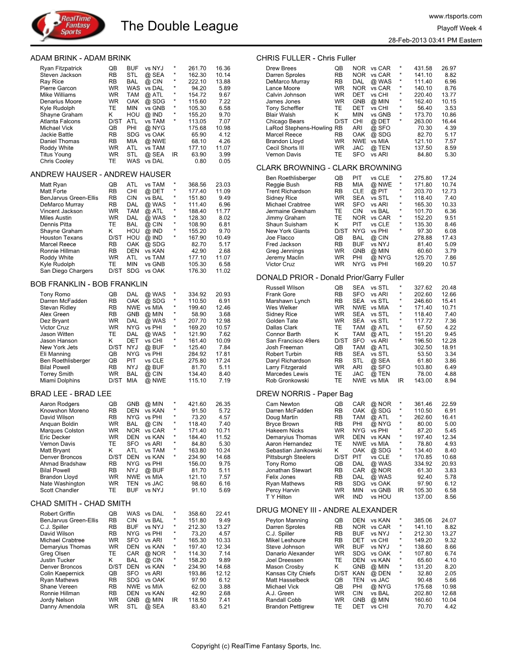 The Double League Playoff Week 4 28-Feb-2013 03:41 PM Eastern