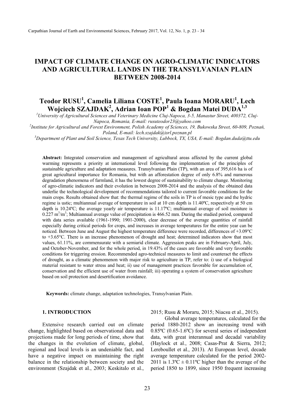 Impact of Climate Change on Agro-Climatic Indicators and Agricultural Lands in the Transylvanian Plain Between 2008-2014