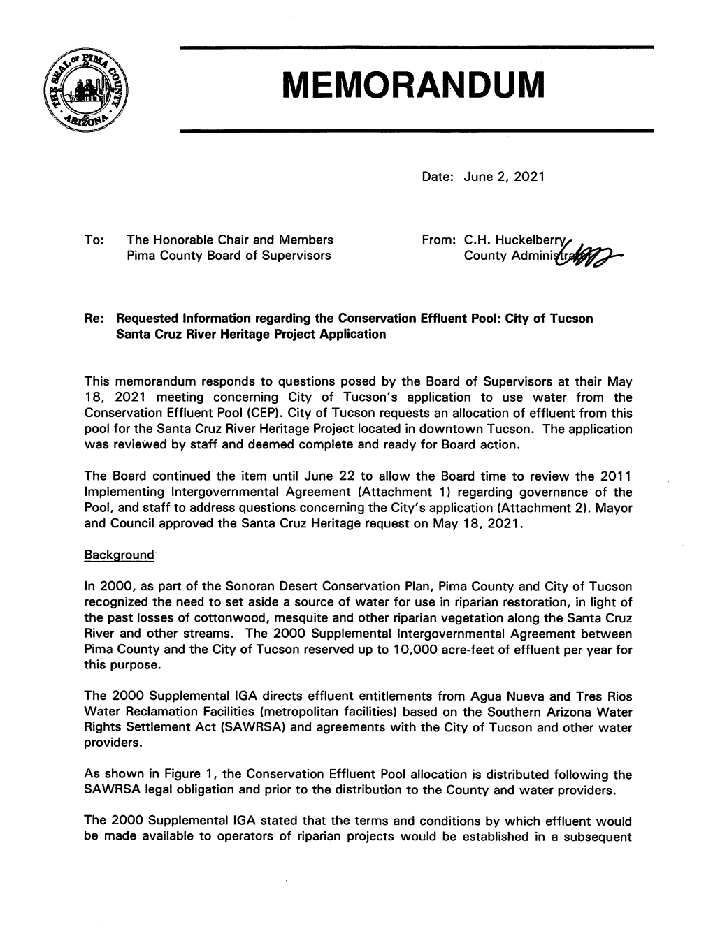 Requested Information Regarding the Conservation Effluent Pool: City of Tucson Santa Cruz River Heritage Project Application June 2, 2021 Page 2