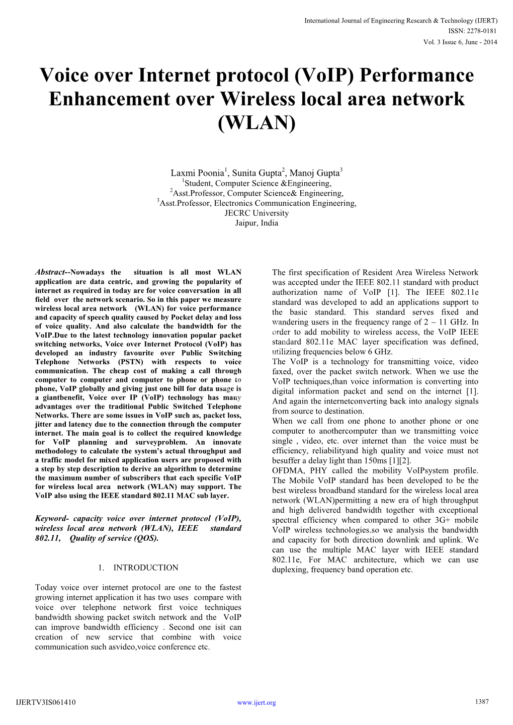 Voice Over Internet Protocol (Voip) Performance Enhancement Over Wireless Local Area Network (WLAN)