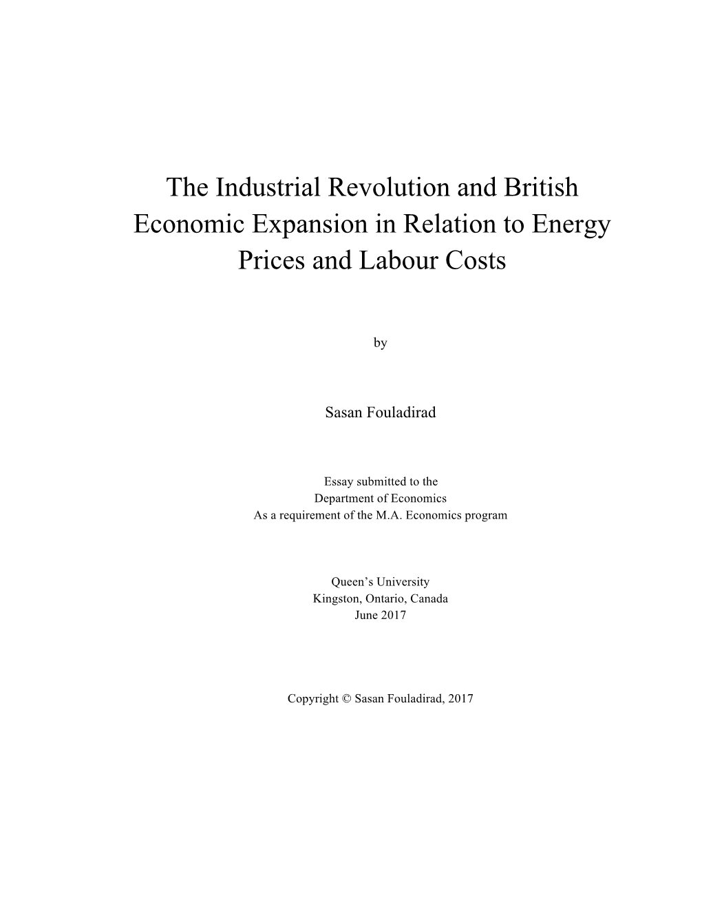 The Industrial Revolution and British Economic Expansion in Relation to Energy Prices and Labour Costs