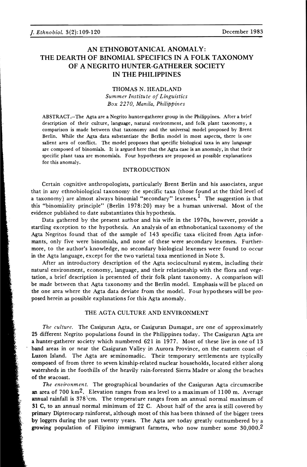 An Ethnobotanical Anomaly: the Dearth of Binomial Specifics in a Folk Taxonomy of a Negrito Hunter-Gatherer Society in the Philippines