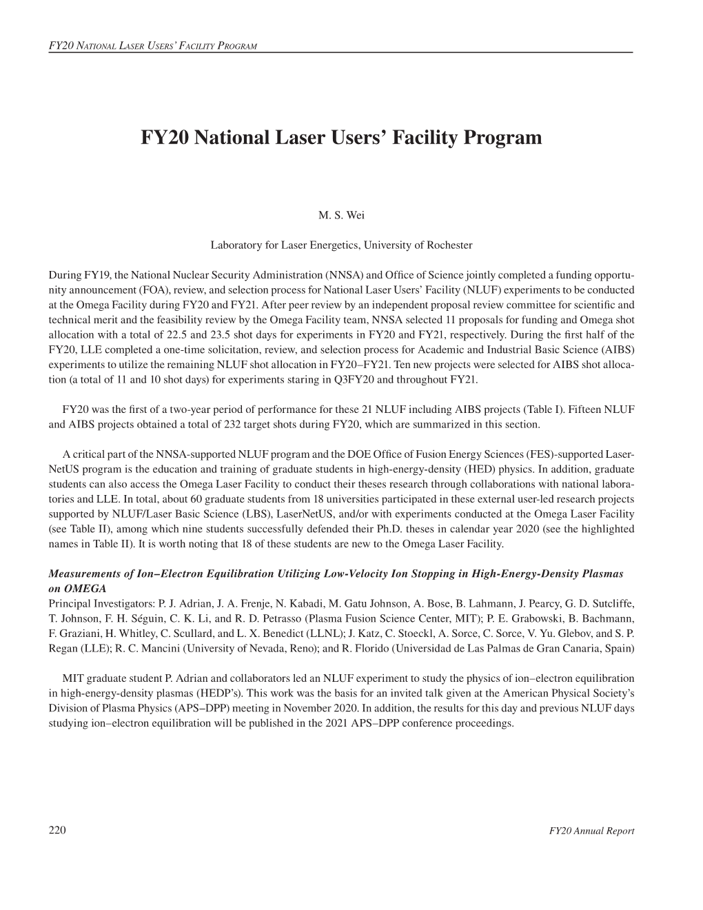 FY20 National Laser Users' Facility Program