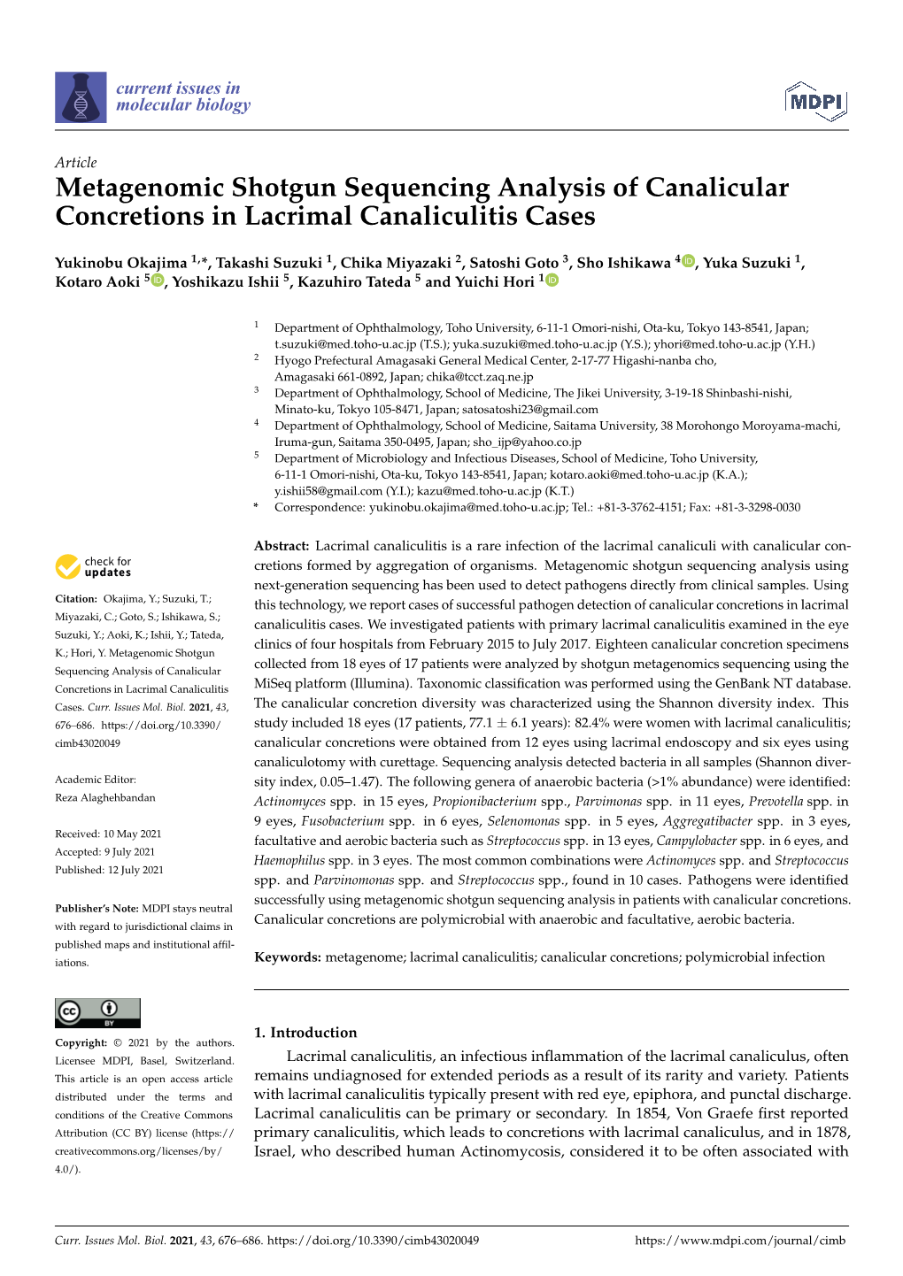 Metagenomic Shotgun Sequencing Analysis of Canalicular Concretions in Lacrimal Canaliculitis Cases