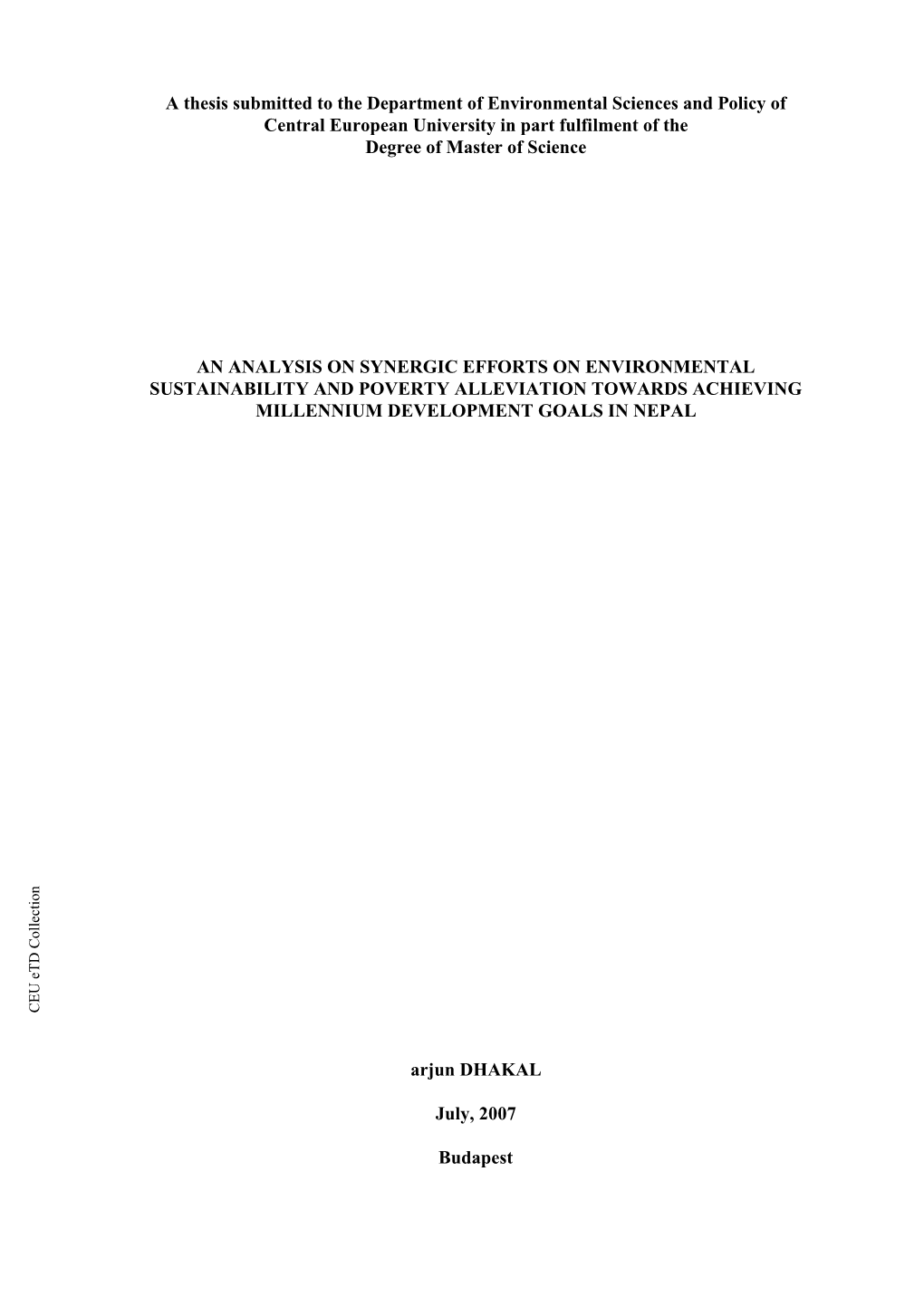 A Thesis Submitted to the Department of Environmental Sciences And