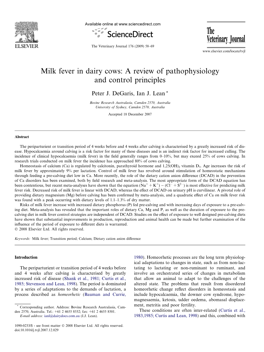 Milk Fever in Dairy Cows: a Review of Pathophysiology and Control Principles