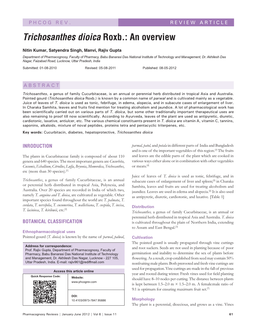 Trichosanthes Dioica Roxb.: an Overview