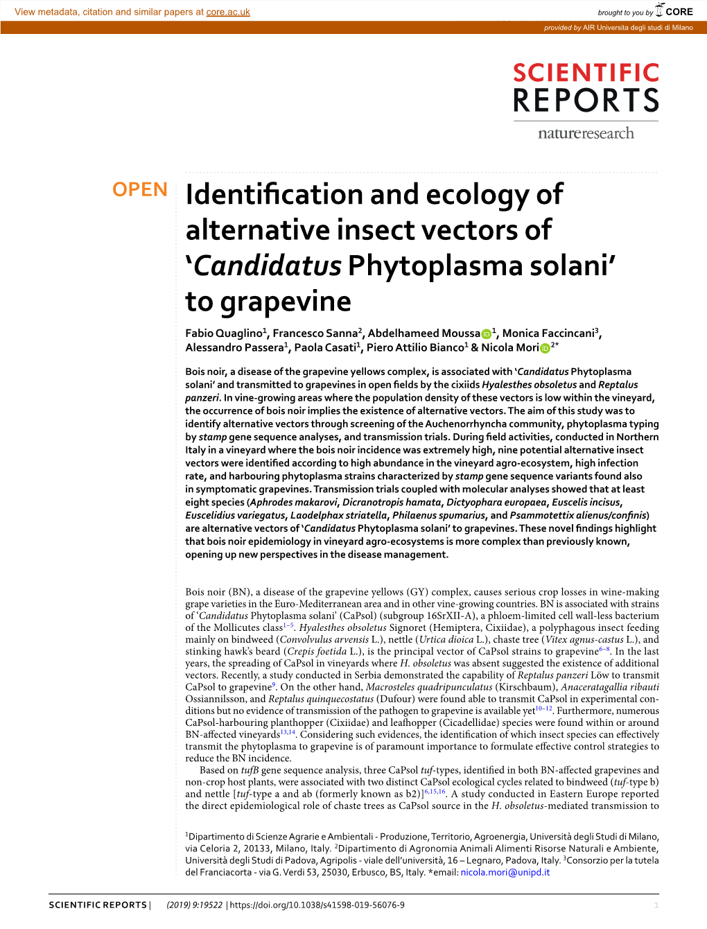 Identification and Ecology of Alternative Insect Vectors Of