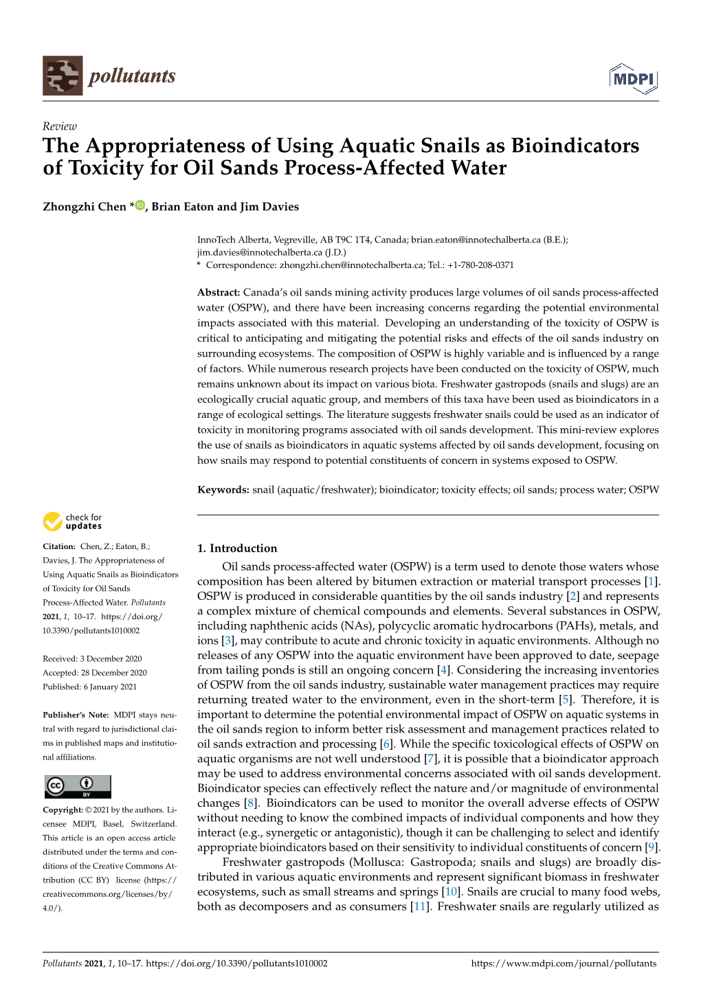 The Appropriateness of Using Aquatic Snails As Bioindicators of Toxicity for Oil Sands Process-Affected Water