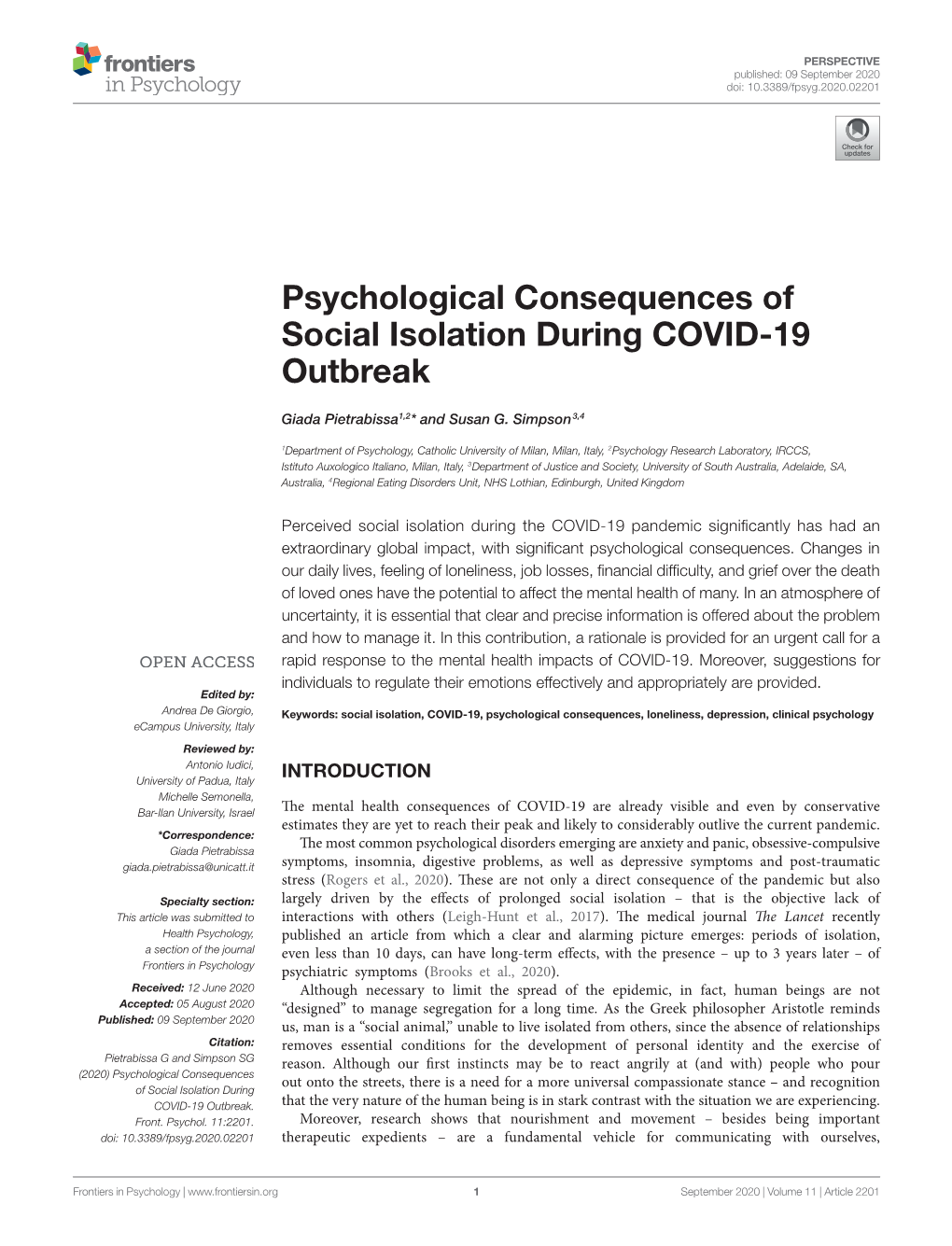 Psychological Consequences of Social Isolation During COVID-19 Outbreak