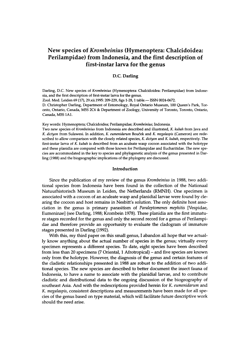 Hymenoptera: Chalcidoidea: Perilampidae) from Indonesia, and the First Description of First-Instar Larva for the Genus