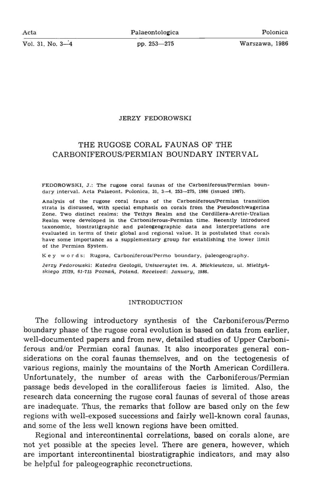 The Rugose Coral Faunas of the Carboniferous/Permian Boundary Interval