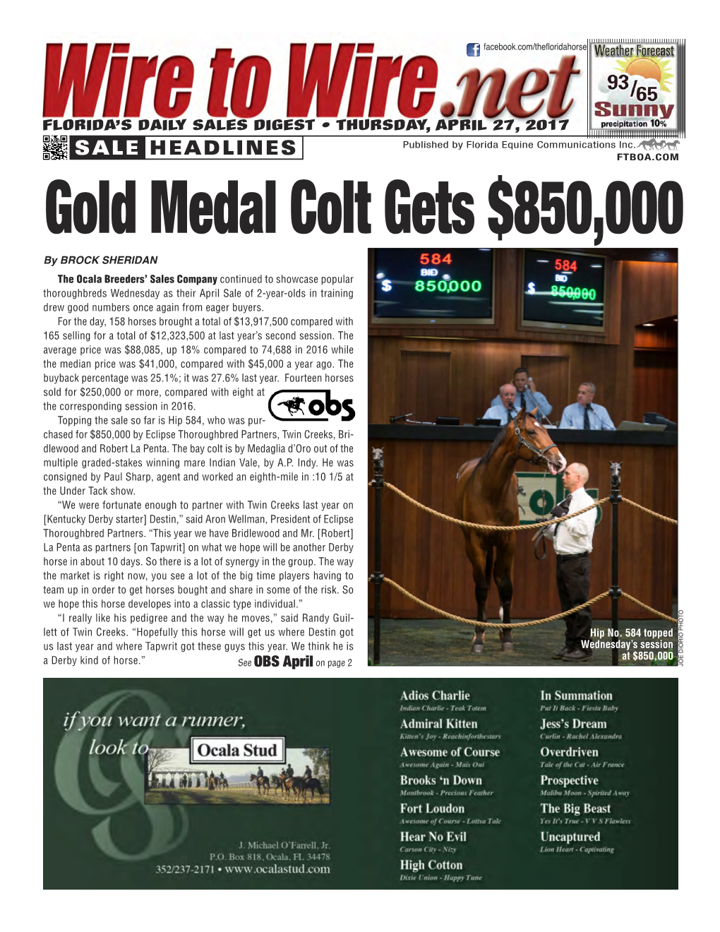 Gold Medal Colt Gets $850,000