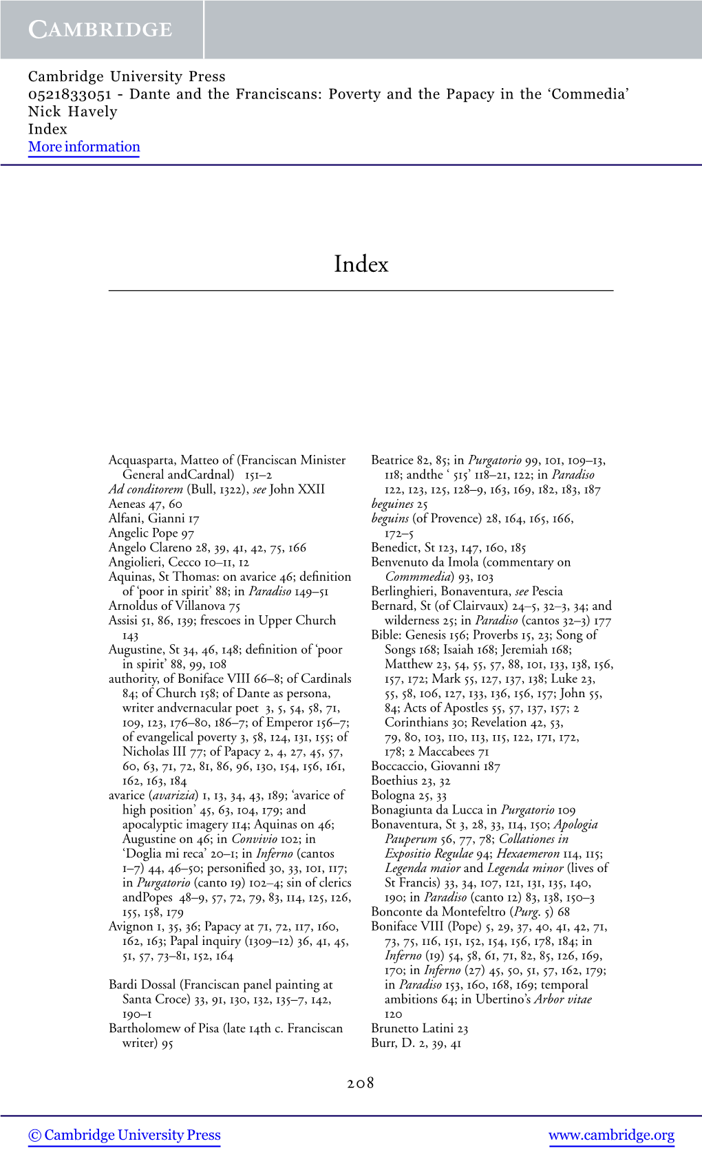 Dante and the Franciscans: Poverty and the Papacy in the ‘Commedia’ Nick Havely Index More Information