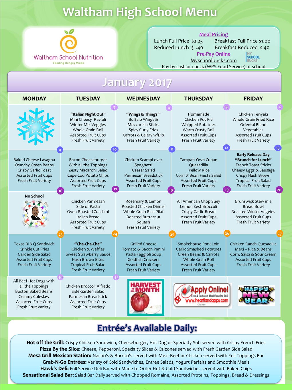 January 2017 Waltham High School Menu