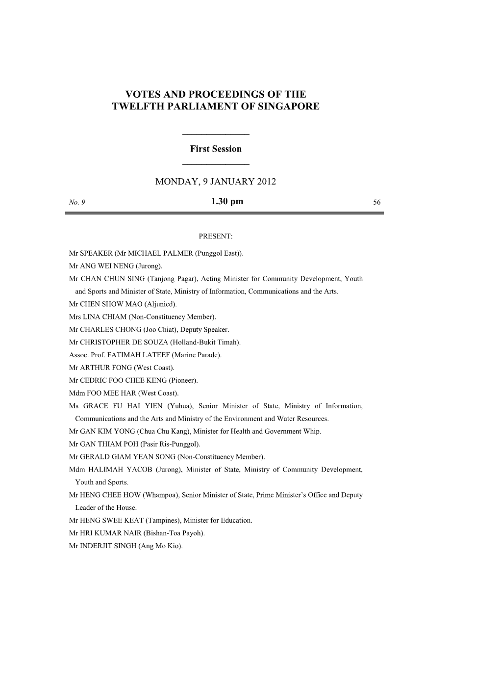 Votes and Proceedings of the Twelfth Parliament of Singapore