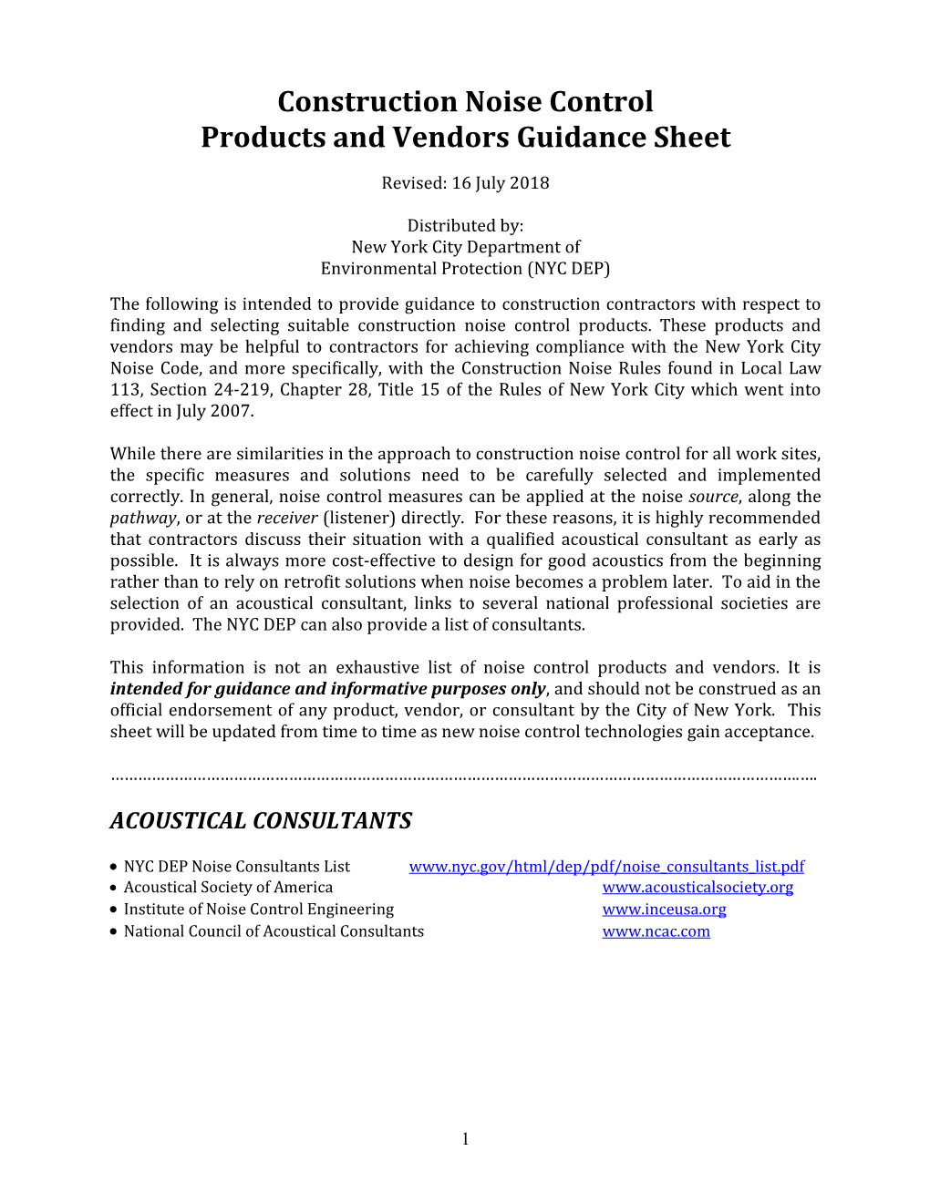 Construction Noise Control Products and Vendors Guidance Sheet