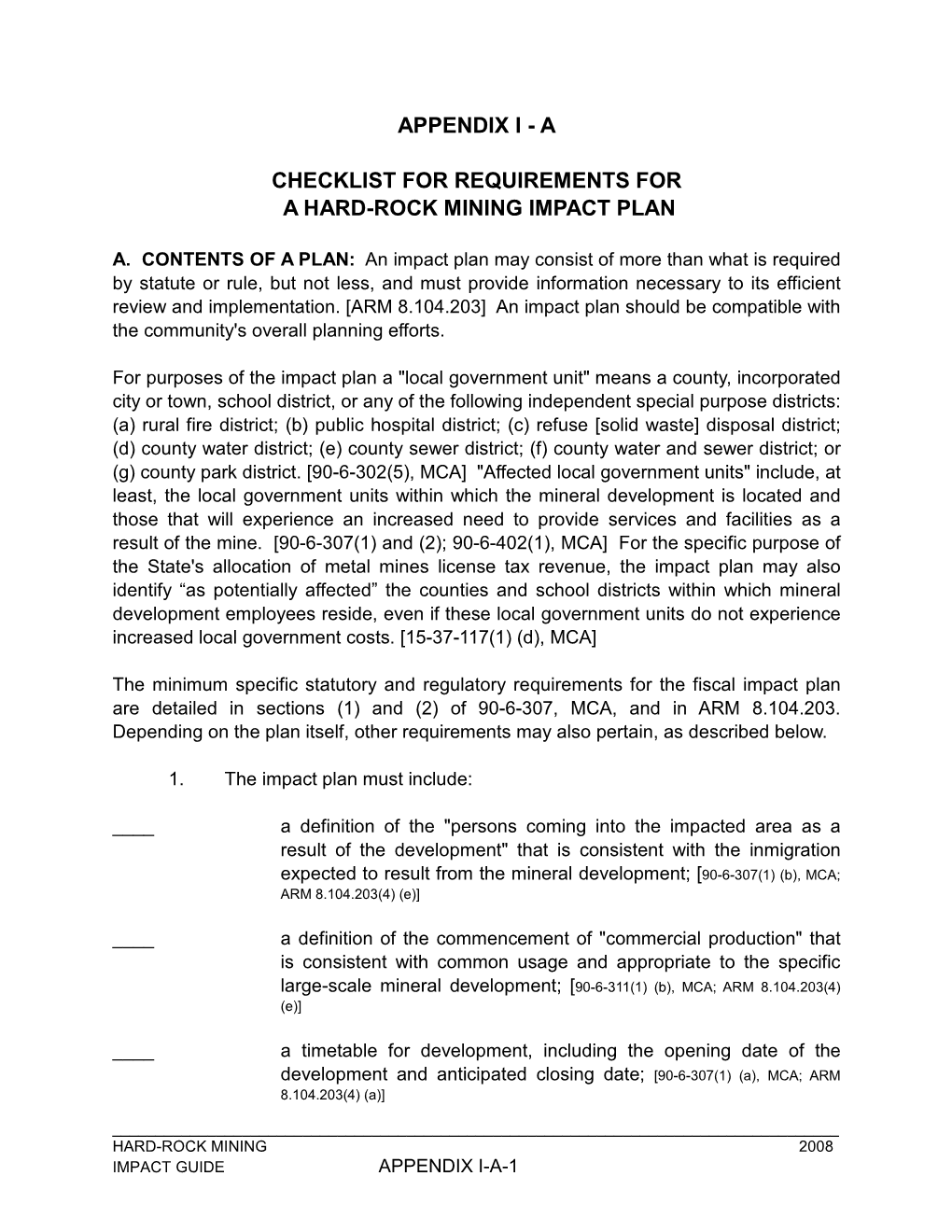 A Checklist for Requirements for a Hard-Rock Mining Impact Plan