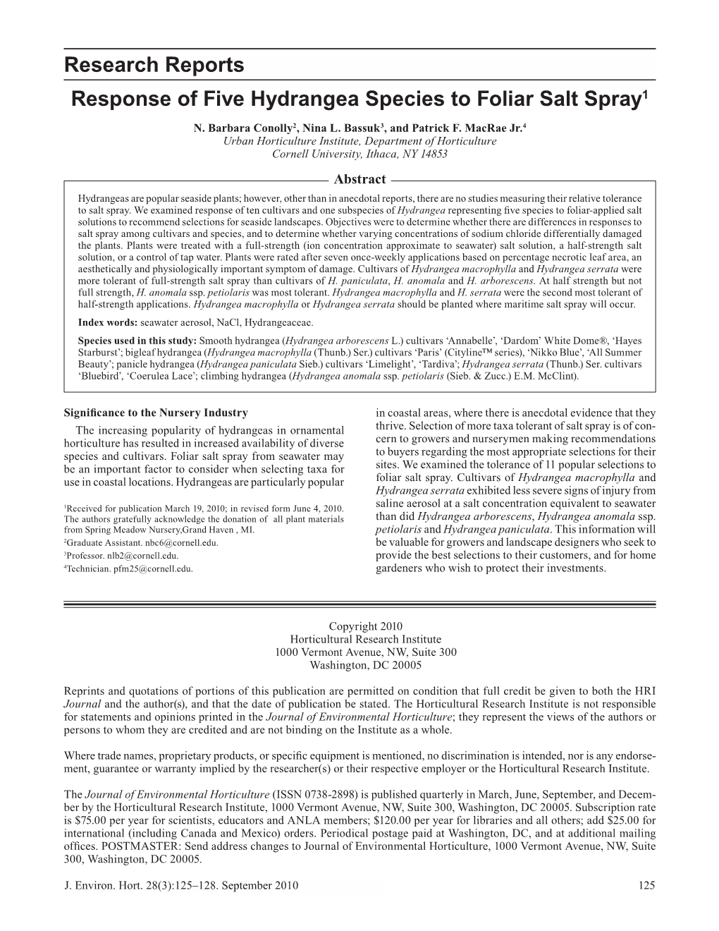 Research Reports Response of Five Hydrangea Species to Foliar Salt Spray1