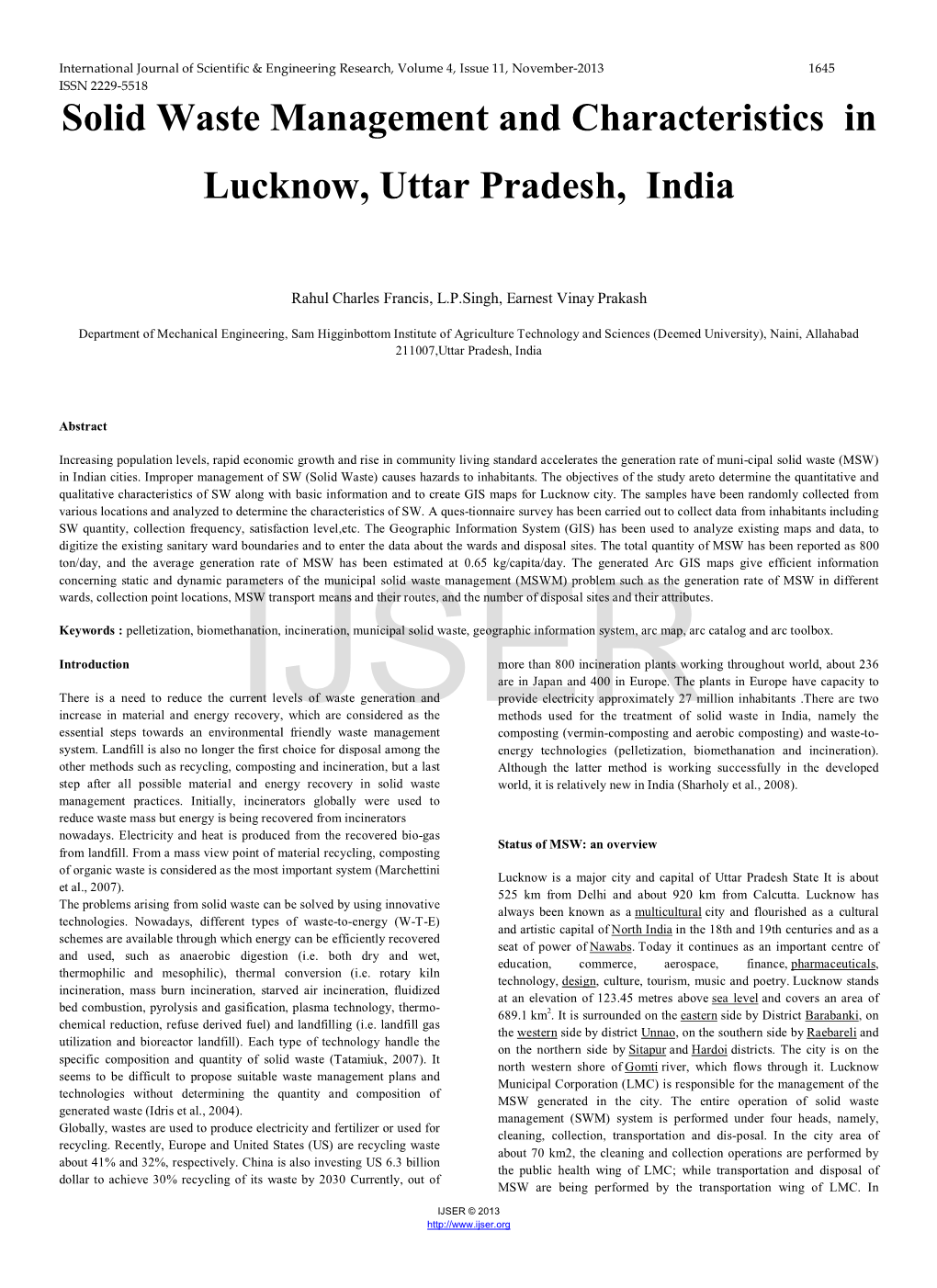 Solid Waste Management and Characteristics in Lucknow, Uttar Pradesh, India