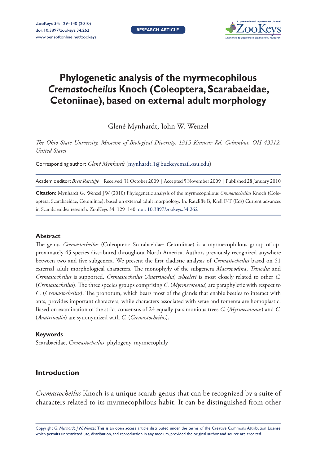 Phylogenetic Analysis of the Myrmecophilous Cremastocheilus Knoch (Coleoptera, Scarabaeidae, Cetoniinae), Based on External Adult Morphology