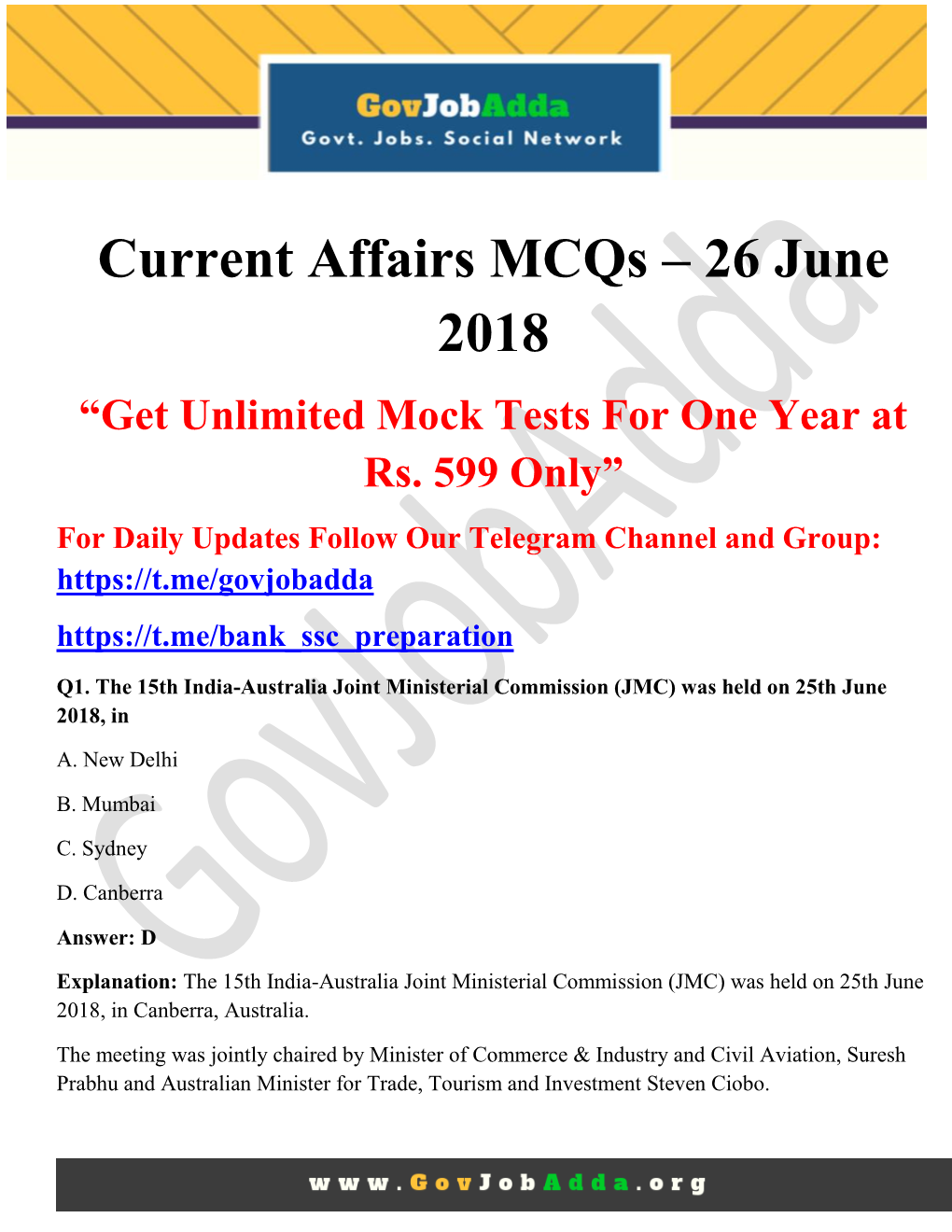 Current Affairs Mcqs – 26 June 2018 “Get Unlimited Mock Tests for One Year at Rs