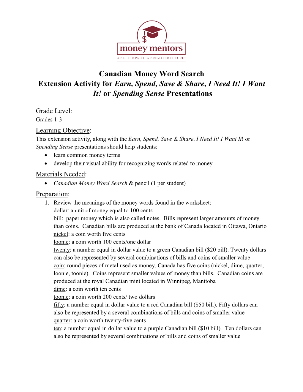 Canadian Money Word Search Extension Activity for Earn, Spend, Save & Share, I Need It! I Want It! Or Spending Sense Presentations