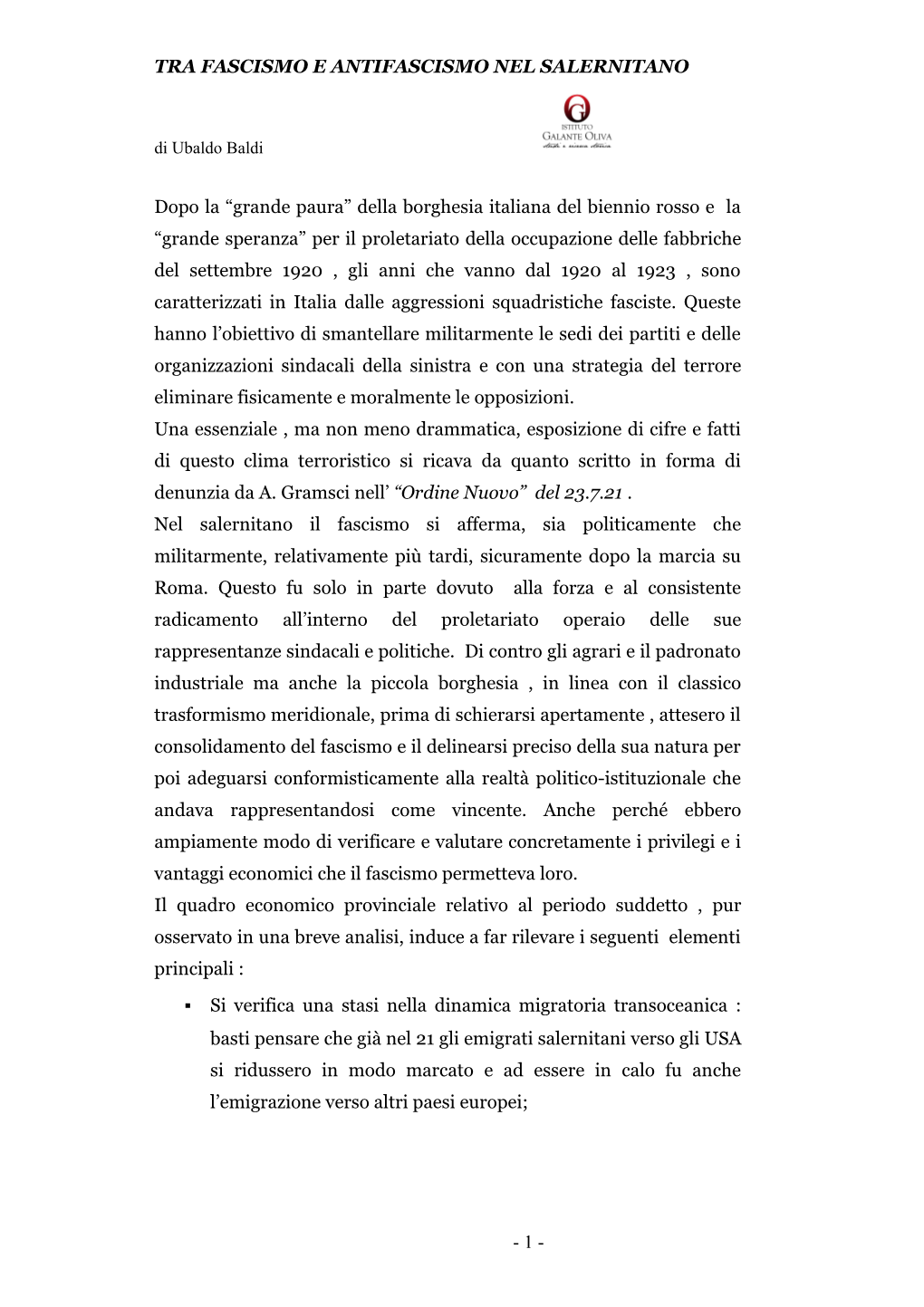 Tra Fascismo Ed Antifascismo Nel Salernitano