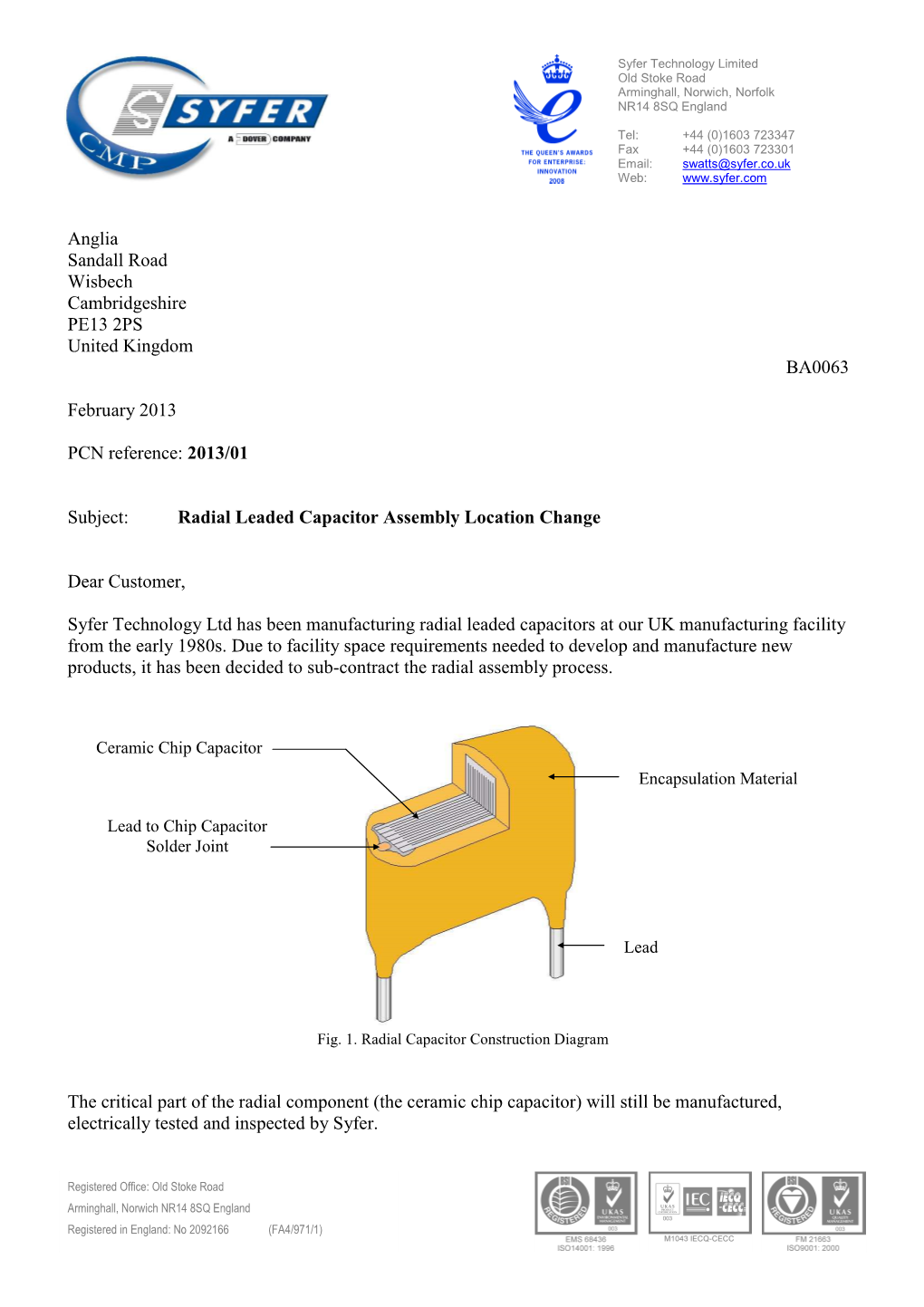 BA0063 2013-001 Radial Leaded Capacitor Assembly Location Change Notification Jan 13 Final