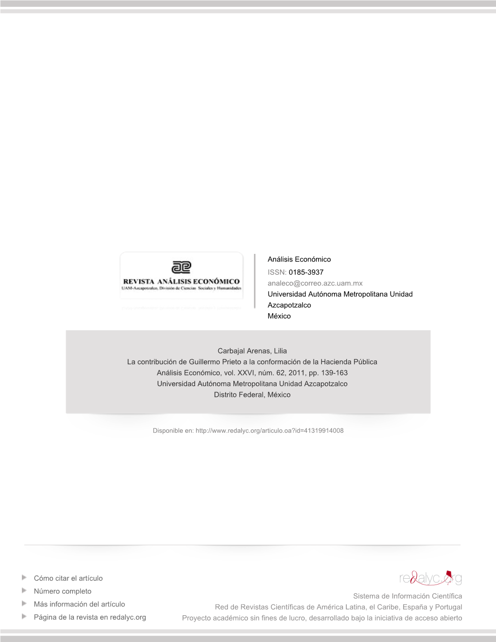 La Contribución De Guillermo Prieto a La Conformación De La Hacienda Pública Análisis Económico, Vol