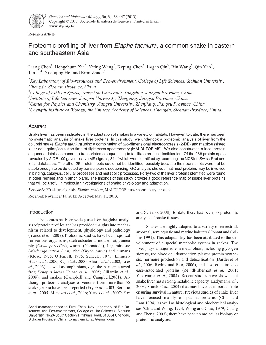 Proteomic Profiling of Liver from Elaphe Taeniura, a Common Snake in Eastern and Southeastern Asia