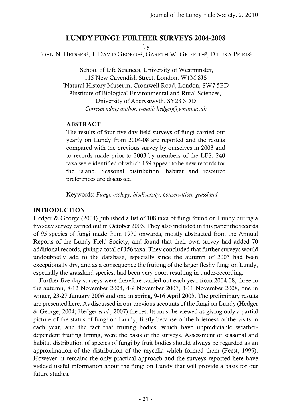 LUNDY FUNGI: FURTHER SURVEYS 2004-2008 by JOHN N