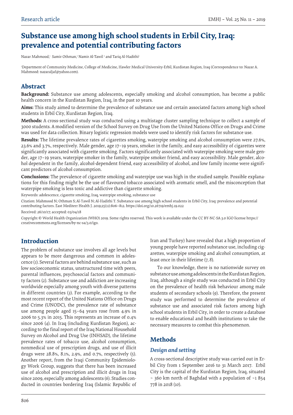 Substance Use Among High School Students in Erbil City, Iraq: Prevalence and Potential Contributing Factors