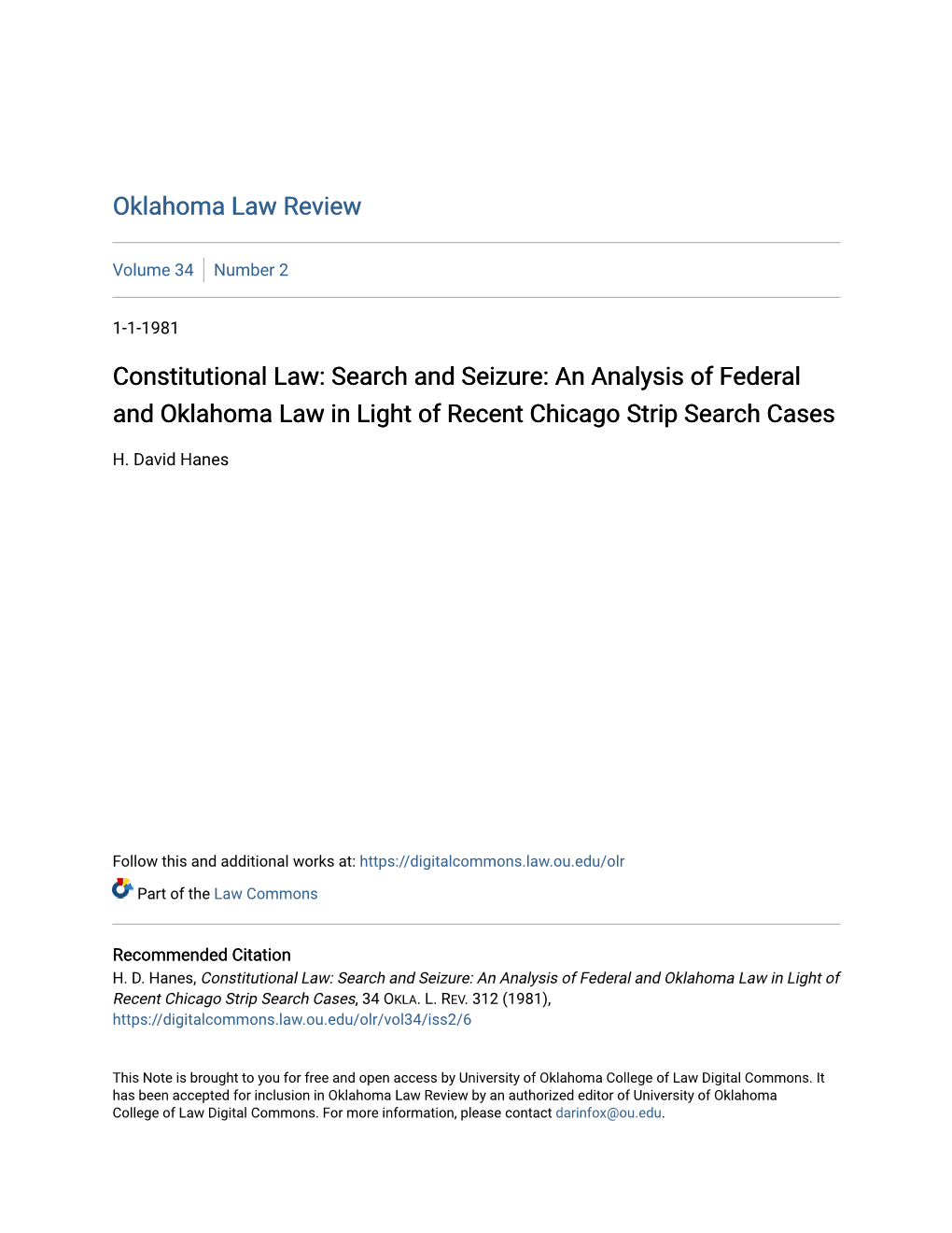 Search and Seizure: an Analysis of Federal and Oklahoma Law in Light of Recent Chicago Strip Search Cases