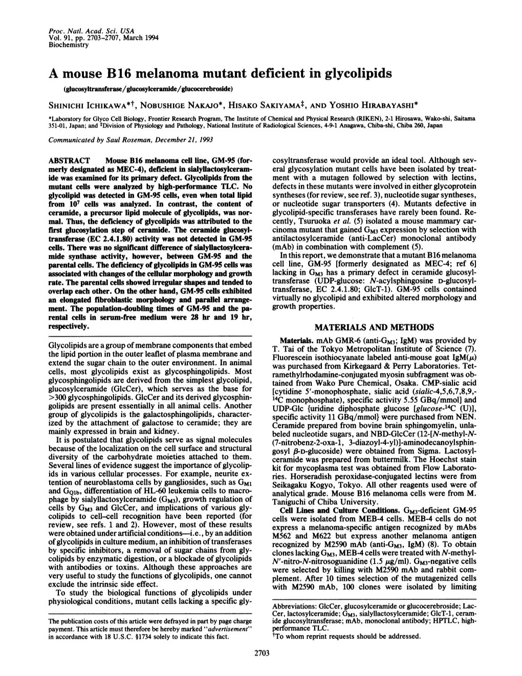 A Mouse B16 Melanoma Mutant Deficient in Glycolipids