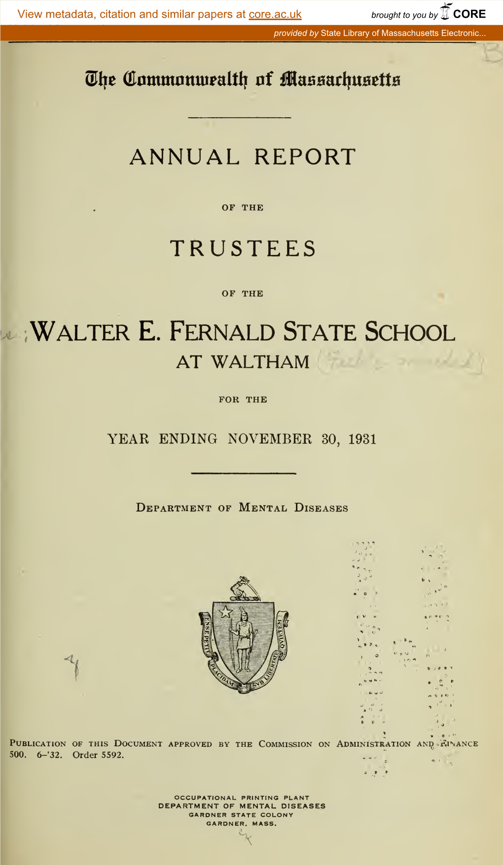 Annual Report of the Trustees of the Walter E. Fernald School At