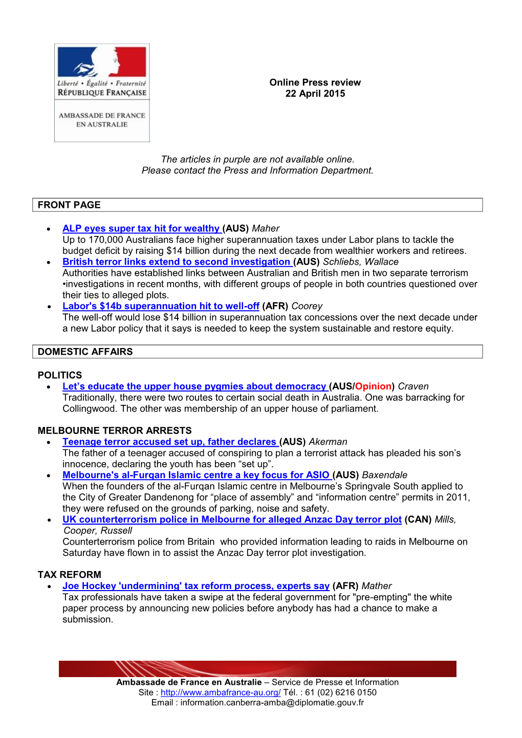 Ambassade De France En Australie – Service De Presse Et Information Site : Tél