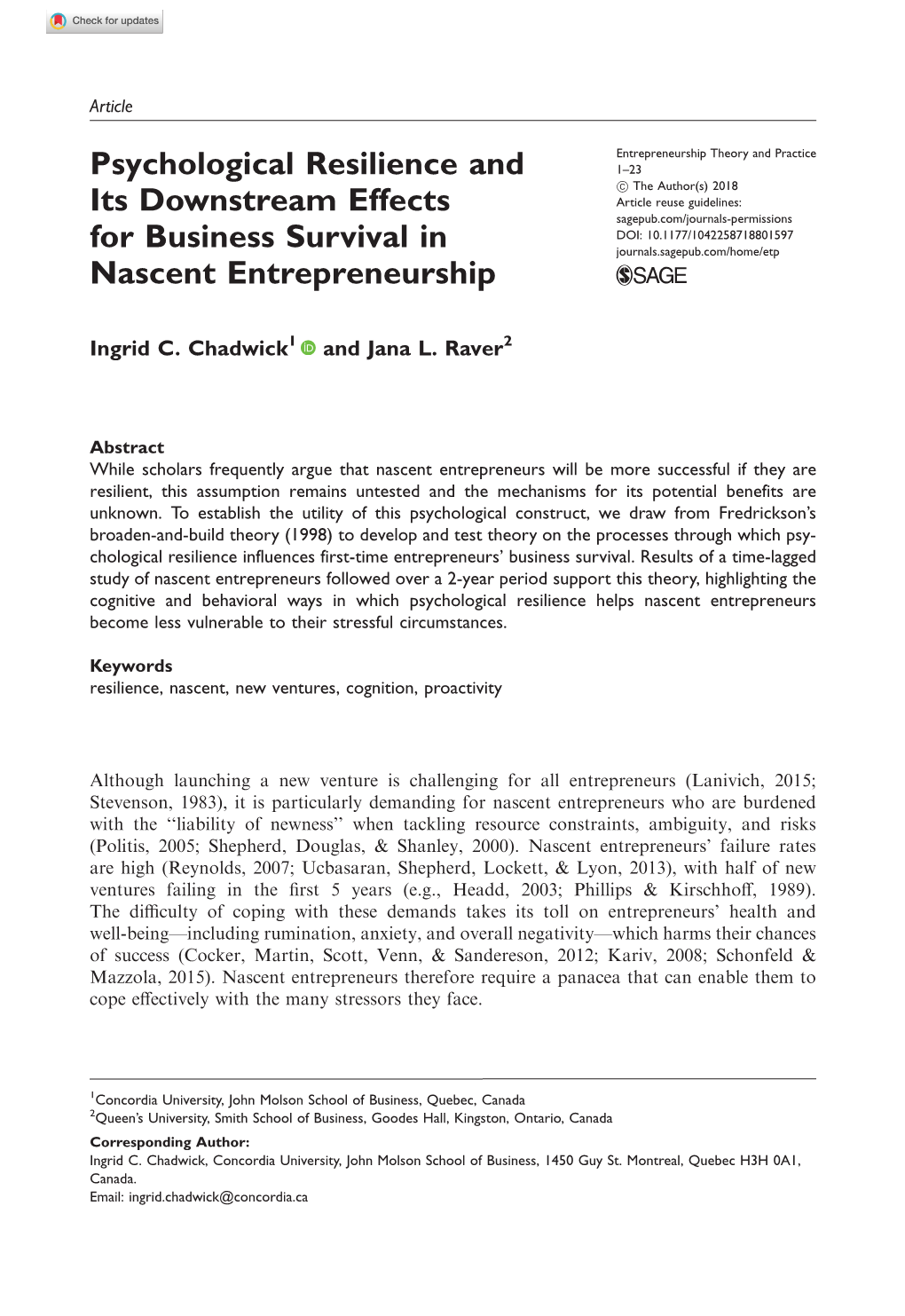 Psychological Resilience and Its Downstream Effects for Business