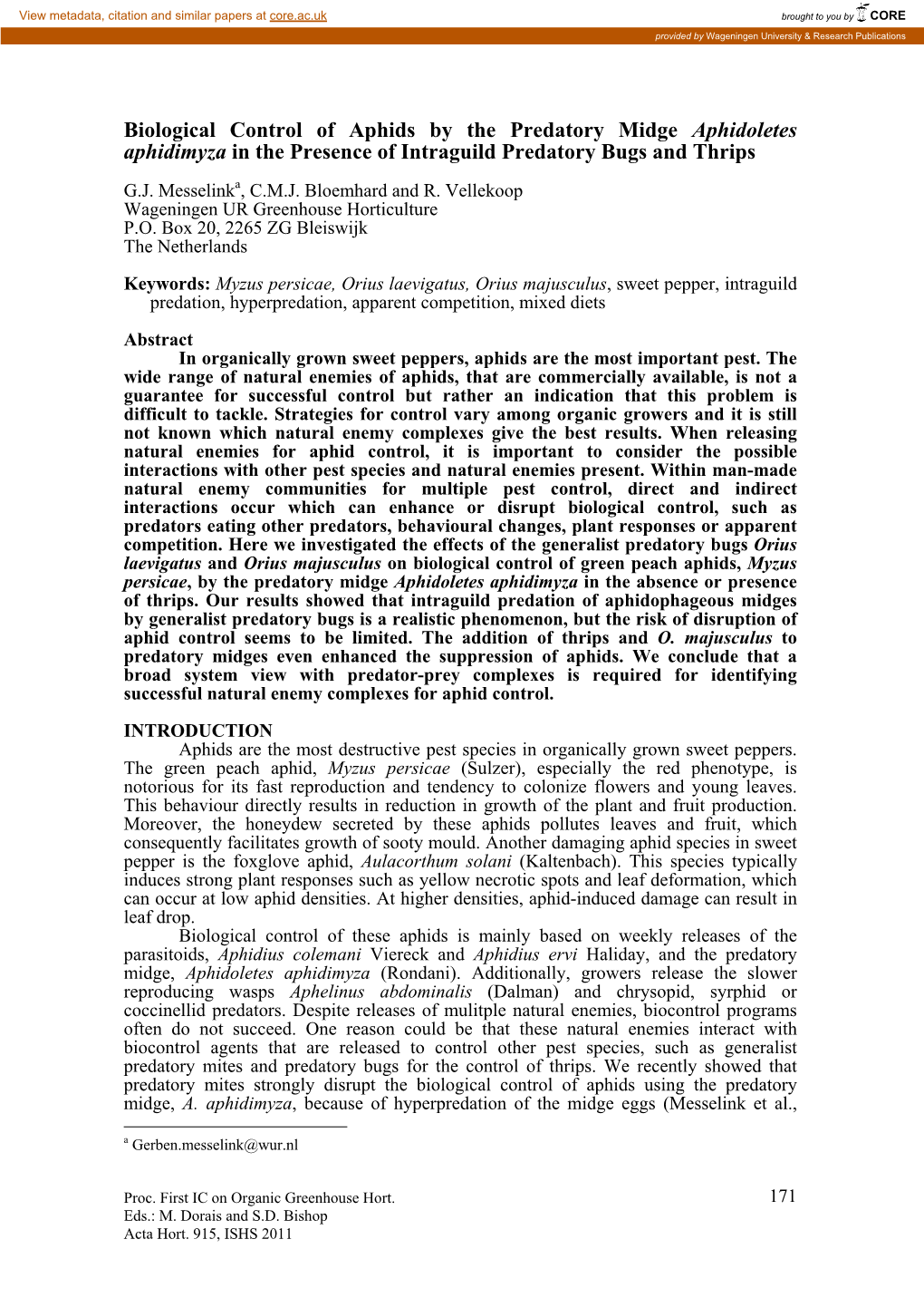 Biological Control of Aphids by the Predatory Midge Aphidoletes Aphidimyza in the Presence of Intraguild Predatory Bugs and Thrips