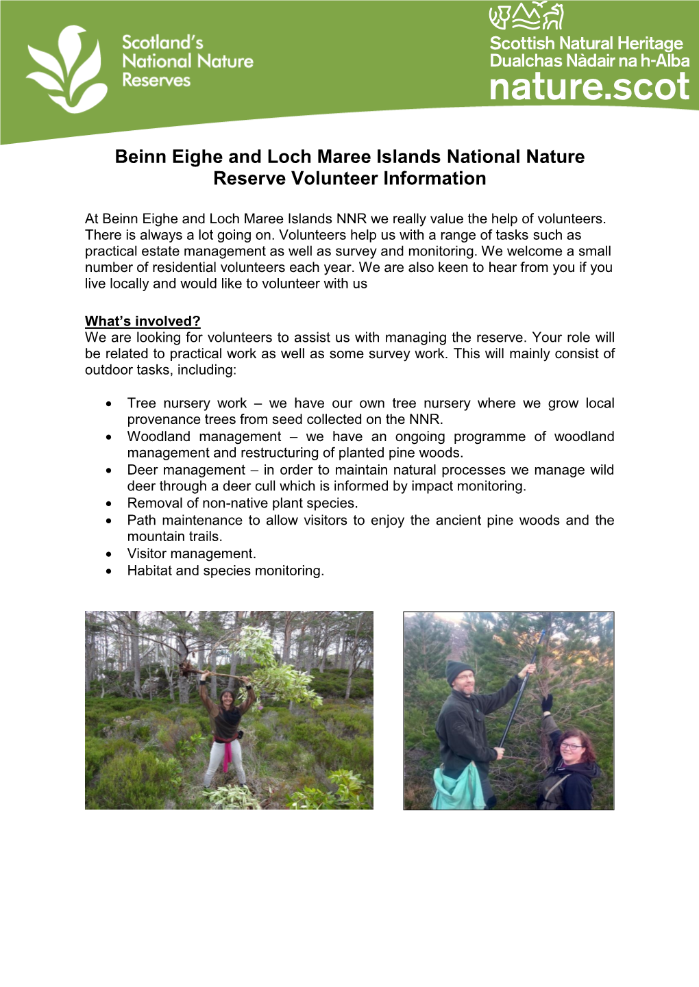 Beinn Eighe and Loch Maree Islands National Nature Reserve Volunteer Information