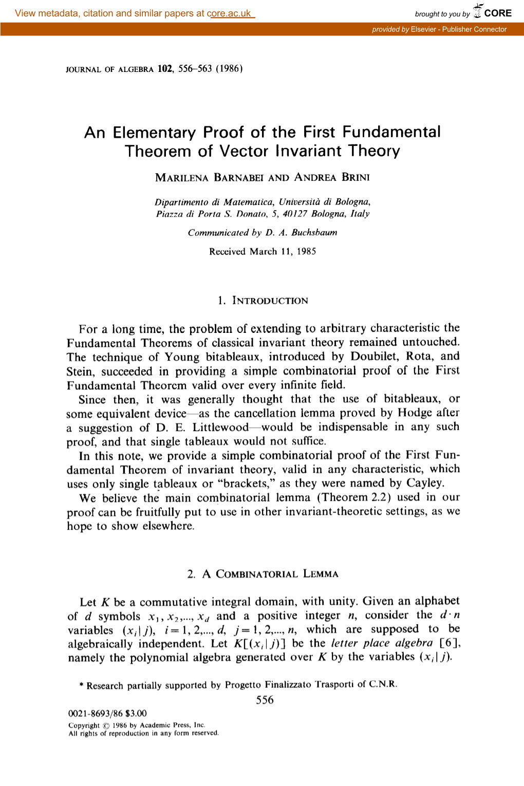 An Elementary Proof of the First Fundamental Theorem of Vector Invariant Theory