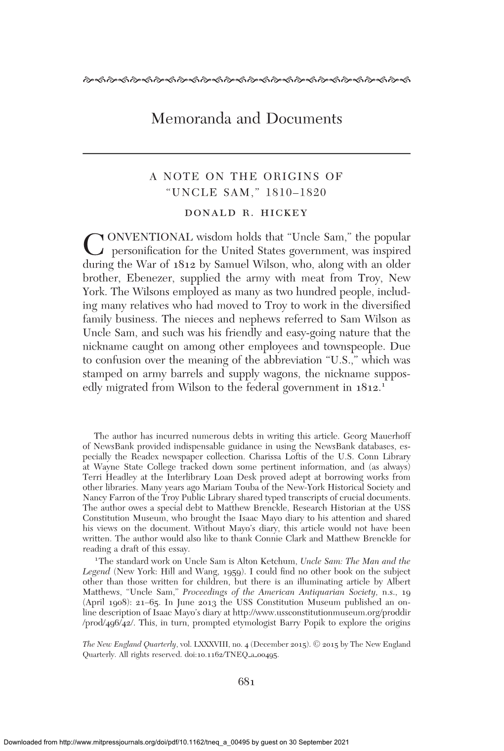 Samuel Wilson, Who, Along with an Older Brother, Ebenezer, Supplied the Army with Meat from Troy, New York