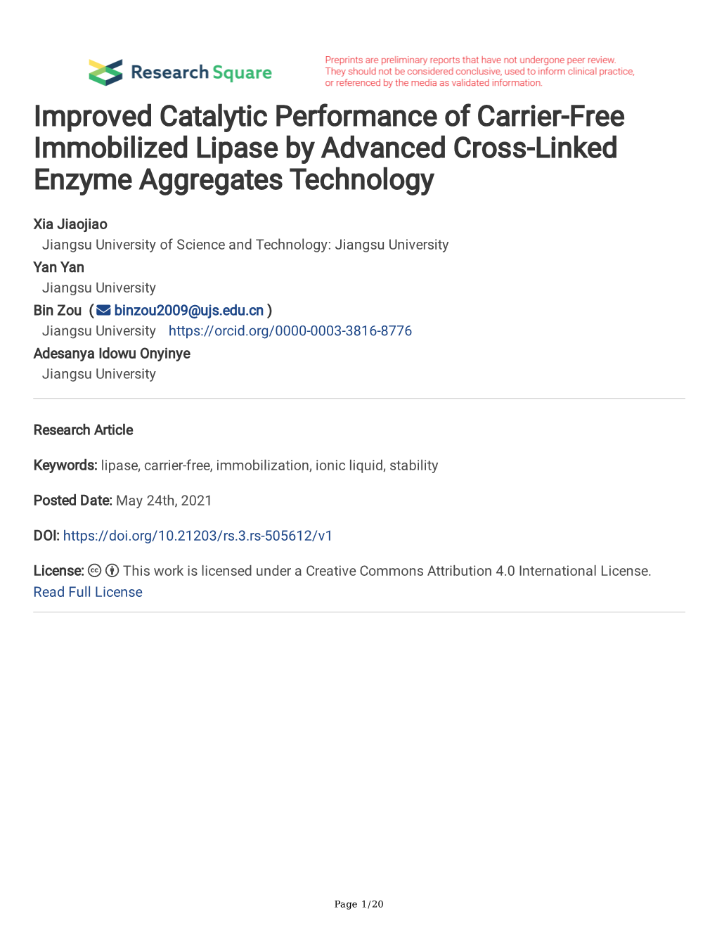 Improved Catalytic Performance of Carrier-Free Immobilized Lipase by Advanced Cross-Linked Enzyme Aggregates Technology