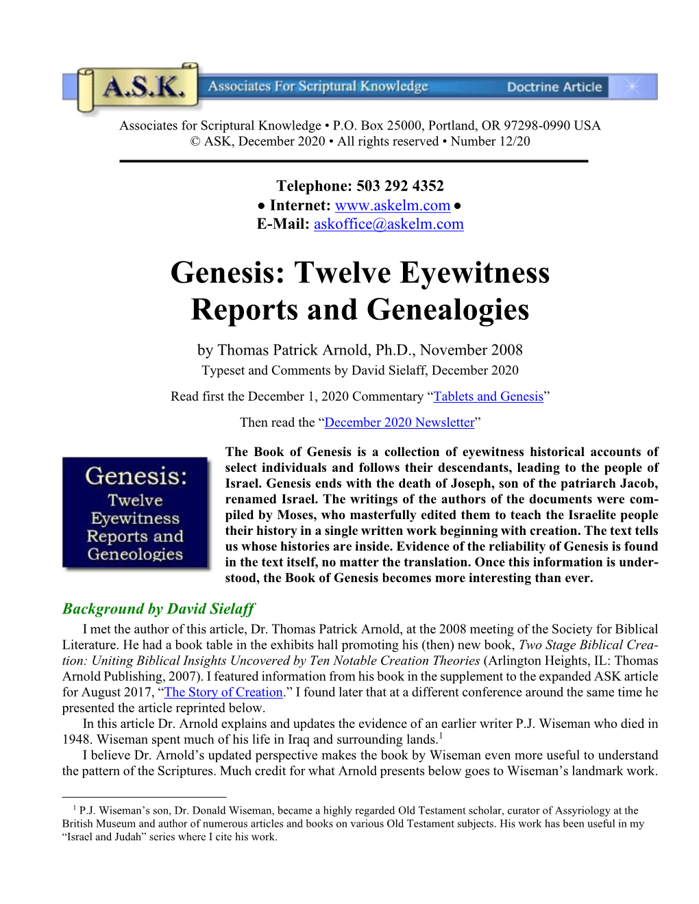 Genesis: Twelve Eyewitness Reports and Genealogies