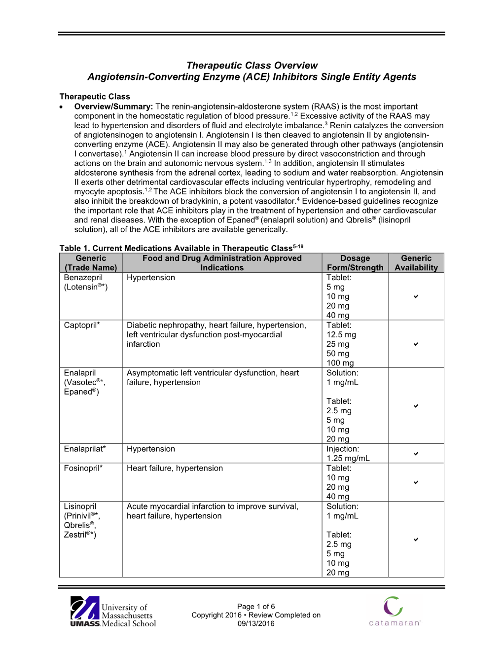 Angiotensin-Converting Enzyme (ACE) Inhibitors Single Entity Agents