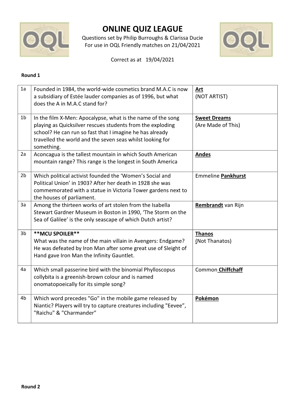 ONLINE QUIZ LEAGUE Questions Set by Philip Burroughs & Clarissa Ducie for Use in OQL Friendly Matches on 21/04/2021