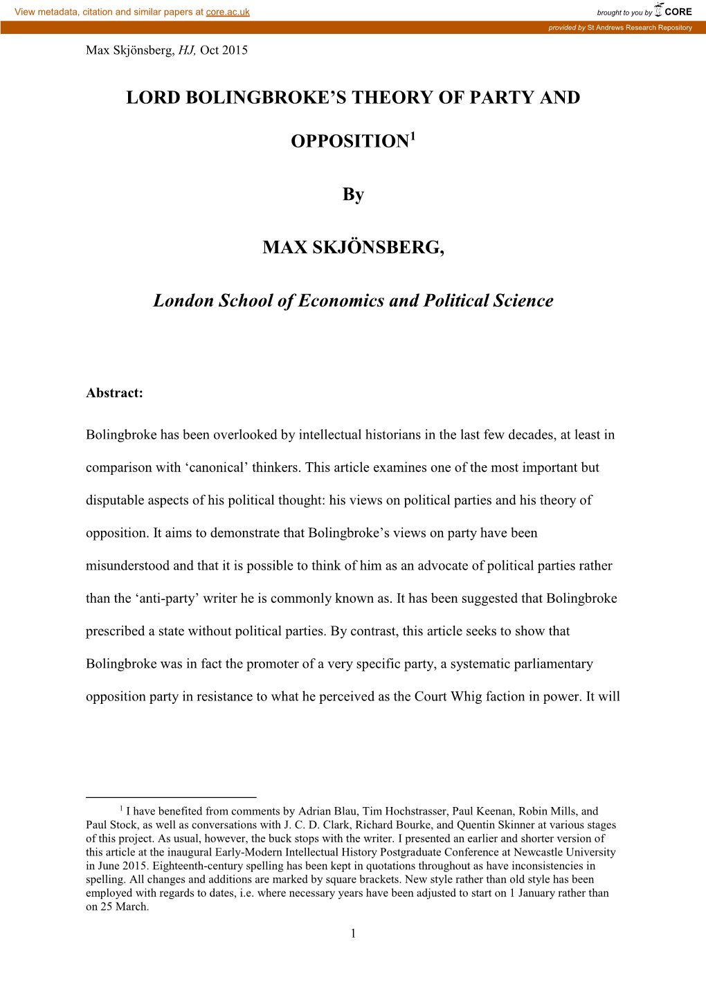 LORD BOLINGBROKE's THEORY of PARTY and OPPOSITION1 By